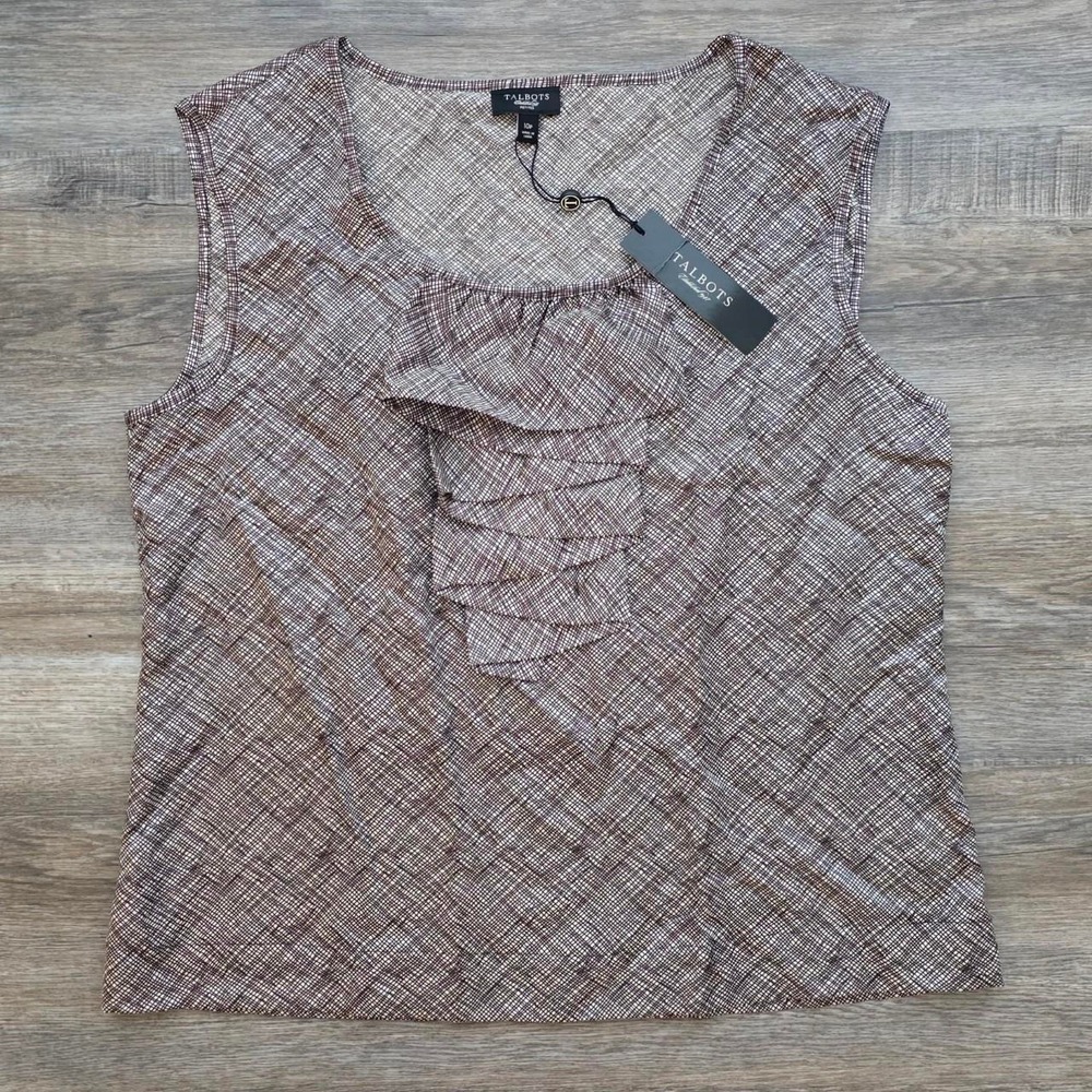 Talbots Sleeveless Silk Ruffle Blouse Black Cream Geometric Print 10P New